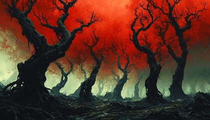 Canvas Print - A surreal forest with twisted trees and a red sky.