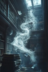 Canvas Print - A swirling cloud of smoke rises from a pile of books in a dimly lit library, with a shaft of light from a skylight above.