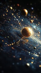 Poster - A swirling galaxy with a bright star and orbiting planets.