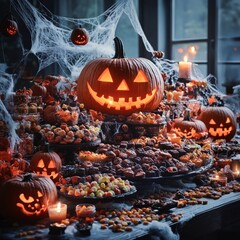 Poster - A table laden with Halloween treats, featuring a lit jack-o-lantern, spiderwebs, and various candies.