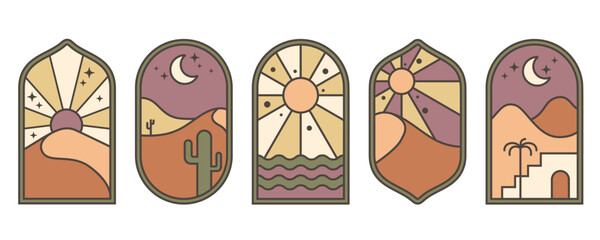 Wall Mural - desert boho logo with mountain and sun landscape. bohemian valley with moon and cactus. abstract aes