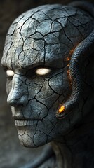 Poster - Ancient enigmatic figure with cracked reptilian skin The left eye glows white while the right eye emits a fiery orange A snake coils around the head set against a shadowy mysterious background
