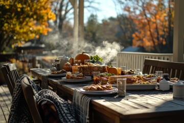 Wall Mural - A table set for a fall breakfast on a porch with steaming coffee and food.