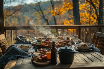 Wall Mural - A table set for a fall feast on a deck with a view of the mountains.