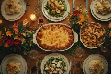 Sticker - A table set for a Thanksgiving dinner with dishes of food and candles.