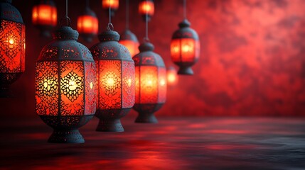 Poster - Array of paper graphic Indian lanterns with intricate cutout patterns lit from within set against a bold festive banner background The warm light illuminates the scene creating a serene Diwali feel