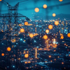 Poster - A tall power line tower stands in silhouette against a city skyline with twinkling lights at night.