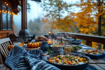 Canvas Print - A Thanksgiving feast on a wooden table with steaming dishes and a cozy cabin in the background.