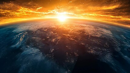 Wall Mural - A view of Earth from space during a golden sunrise, showing the planet's curvature and swirling clouds
