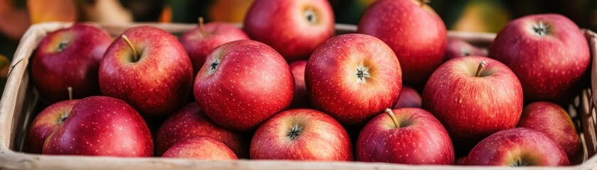 Fresh red apple gather in a rustic wooden basket, perfect for autumn harvest and healthy eating. Ideal for food photography.