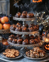 Poster - A three-tiered silver serving stand displays an assortment of Halloween-themed treats, including chocolate-covered caramel apples, pumpkin-shaped cookies, and other festive snacks.