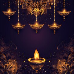Poster - Elegant Diwalithemed vector background with golden mandalas diyas and traditional Indian motifs on a dark purple gradient A large space is left open at the bottom for a Diwali greeting