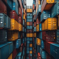 Canvas Print - A towering wall of colorful shipping containers creates a unique perspective from below.