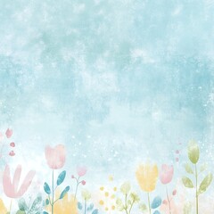 Wall Mural - Pastel-colored floral illustration with leaves and flowers on a light blue watercolor background. Spring and nature theme. Design for wallpaper, greeting card, invitation, banner. Horizontal compositi