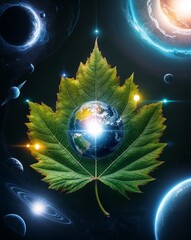 Wall Mural - hdr representation of a leaf integrating elements of a cosmic world