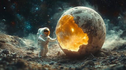 Poster - Enchanting image of a miniature astronaut breaking free from a cracked egg on the moon with cosmic dust swirling around and distant planets shimmering against the vastness of space
