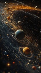 Wall Mural - A vibrant depiction of a swirling galaxy with multiple planets and stars.