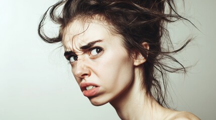 Close-up of a young woman with wild, messy hair and an intense angry expression, showing frustration and irritation.