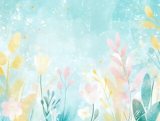 Wall Mural - Pastel-colored floral illustration with leaves and flowers on a light blue watercolor background. Spring and nature theme. Design for wallpaper, greeting card, invitation, banner. Horizontal compositi