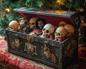 Wall Mural - A vintage wooden treasure chest overflowing with small skull figurines.