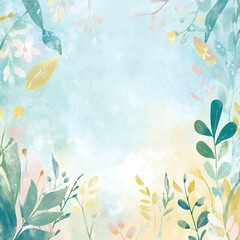 Wall Mural - Pastel-colored floral illustration with leaves and flowers on a light blue watercolor background. Spring and nature theme. Design for wallpaper, greeting card, invitation, banner. Horizontal compositi