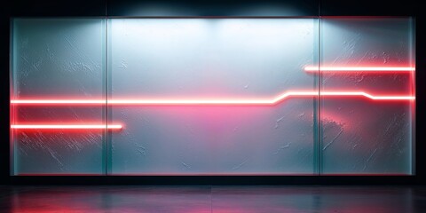 Canvas Print - Red neon light on a textured glass wall in a futuristic setting.