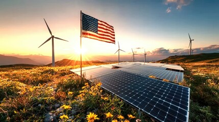 solar panels and wind turbines at sunset with flag