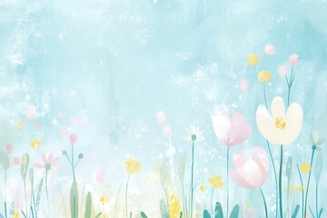 Wall Mural - Pastel-colored floral illustration with leaves and flowers on a light blue watercolor background. Spring and nature theme. Design for wallpaper, greeting card, invitation, banner. Horizontal compositi