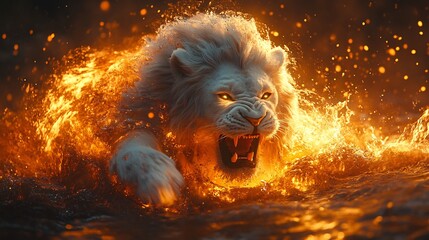 Poster - Explosive moment as a white lion roars and emerges from flowing lava its body glowing with heat Fiery particles and splashes surround it set against a shadowy dramatic background