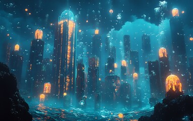 Fantastical underwater scene with surreal architecture and glowing organisms, surrounded by iridescent bubbles, creating a sense of wonder and exploration