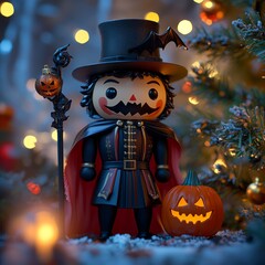 Poster - A whimsical Halloween nutcracker doll with a top hat, cape, and pumpkin in front of a Christmas tree.