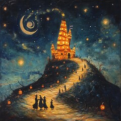 Wall Mural - A whimsical painting depicting a magical castle lit up on a hilltop at night, with three witches walking up a path lined with jack-o'-lanterns.