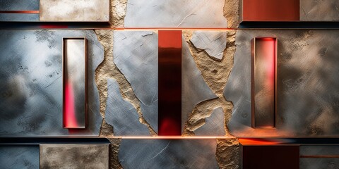 Sticker - Abstract metallic wall with red and gold highlights, perfect for modern interior.