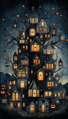 Poster - A whimsical illustration of a spooky tree with houses, bats, and pumpkins.