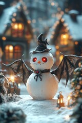 Sticker - A whimsical snowman with bat wings and a witch's hat stands in front of a quaint, snow-covered village.