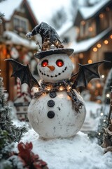 Wall Mural - A whimsical snowman with bat wings, a black hat, and glowing red eyes stands in a snowy winter village.