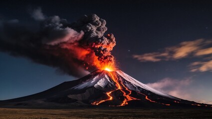 a volcano erupting with lava flow at night.