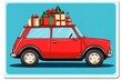 © STF Design  - A red car with a Christmas tree on the roof, a flat design illustration, simple and cute. Vector art with a winter background