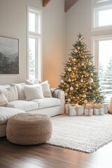 Canvas Print - A white sectional sofa, a fluffy white rug, and a large Christmas tree with presents underneath, all in a modern living room.