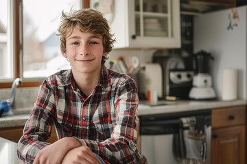 A Happy teenager in a paid shirt sits on kitchen surface