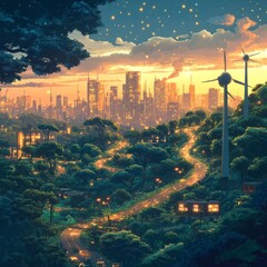 Poster - A winding road leads through a lush forest towards a city skyline with a sunset and stars in the sky.