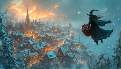 Sticker - A witch flies over a snow-covered village at sunset, carrying a basket of gifts.