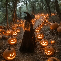 Wall Mural - A witch in a black dress and hat walks through a path lined with glowing jack-o-lanterns in a spooky forest.