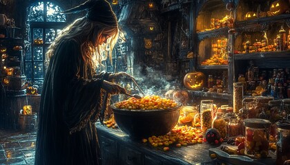 Poster - A witch in a dark room stirs a cauldron of bubbling liquid, surrounded by jars of potion and candles.