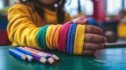 Aufkleber - Child with a cast on his arm drawing with crayons at a play table Stock Photo with side copy space