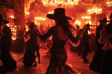 Canvas Print - A woman in a black dress and hat dances in a dimly lit ballroom with other people.