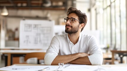 Poster - Man with a wrist cast sitting at his desk in an office holding a pen and thinking about how to write Stock Photo with side copy space