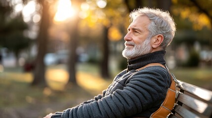 Poster - Man with a back brace sitting on a park bench, enjoying the fresh air while recovering from surgery Stock Photo with side copy space