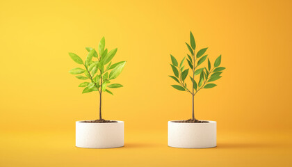 vibrant display of two potted plants against bright yellow background, showcasing beauty of nature and growth. plants symbolize life and renewal, each with lush green leaves