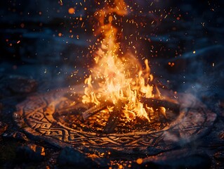 Mystical Bonfire in Sacred Circle with Flaming Runes and Sparks Igniting the Night Sky